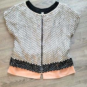 Diane Von Furstenberg silk short sleeve top beaded, black and white